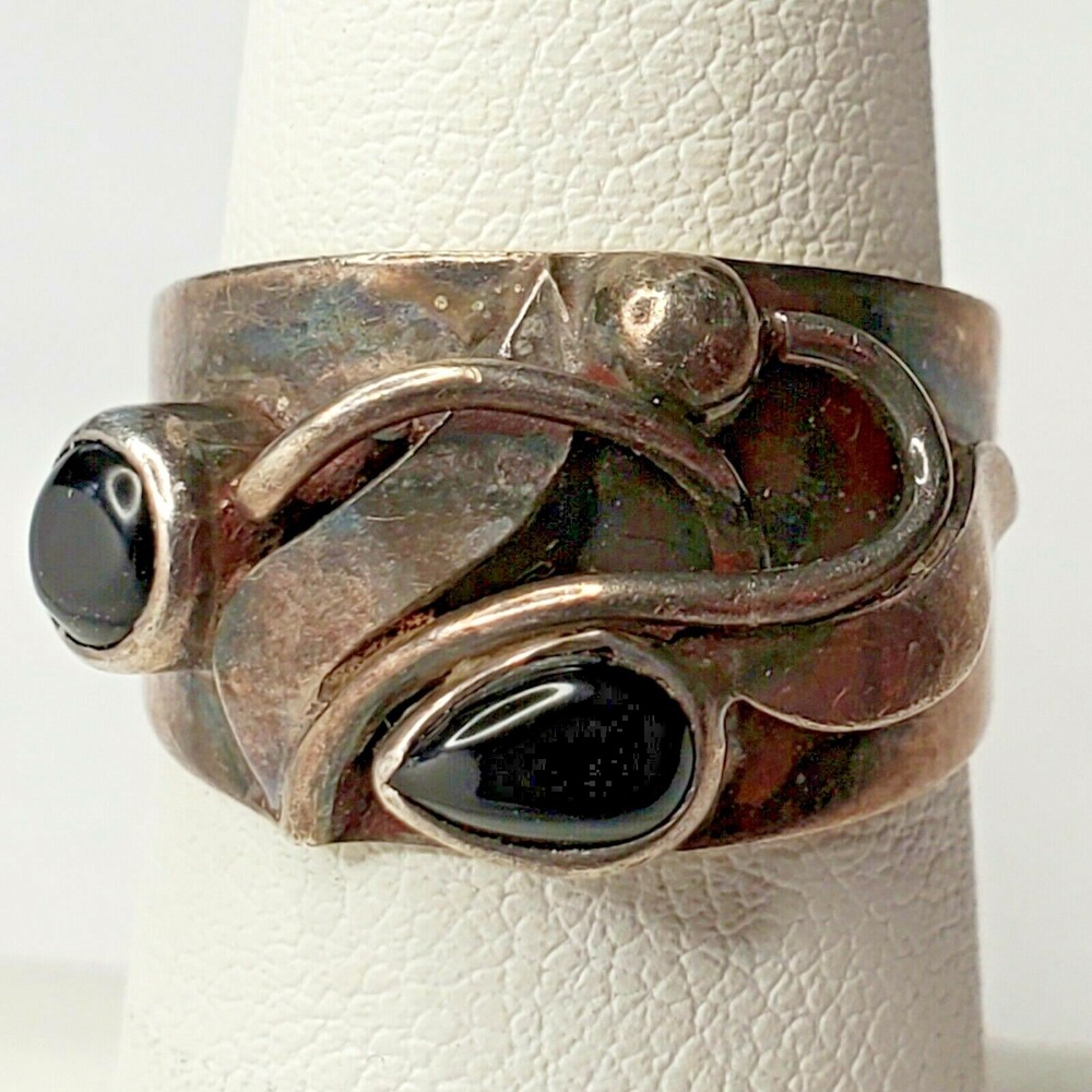 Vintage 925 Sterling Silver Abstract Vine Black Onyx Buds Design Ring Size 6.75 - Picture 12 of 12